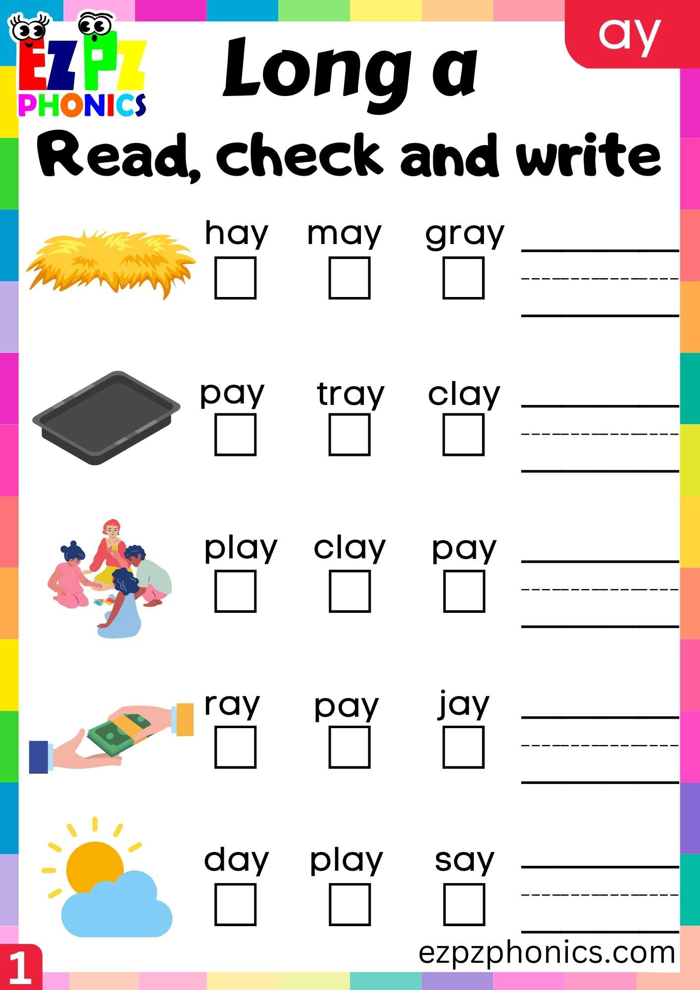Group1 AY Words Read, Check And Write Long A Phonics Worksheet
